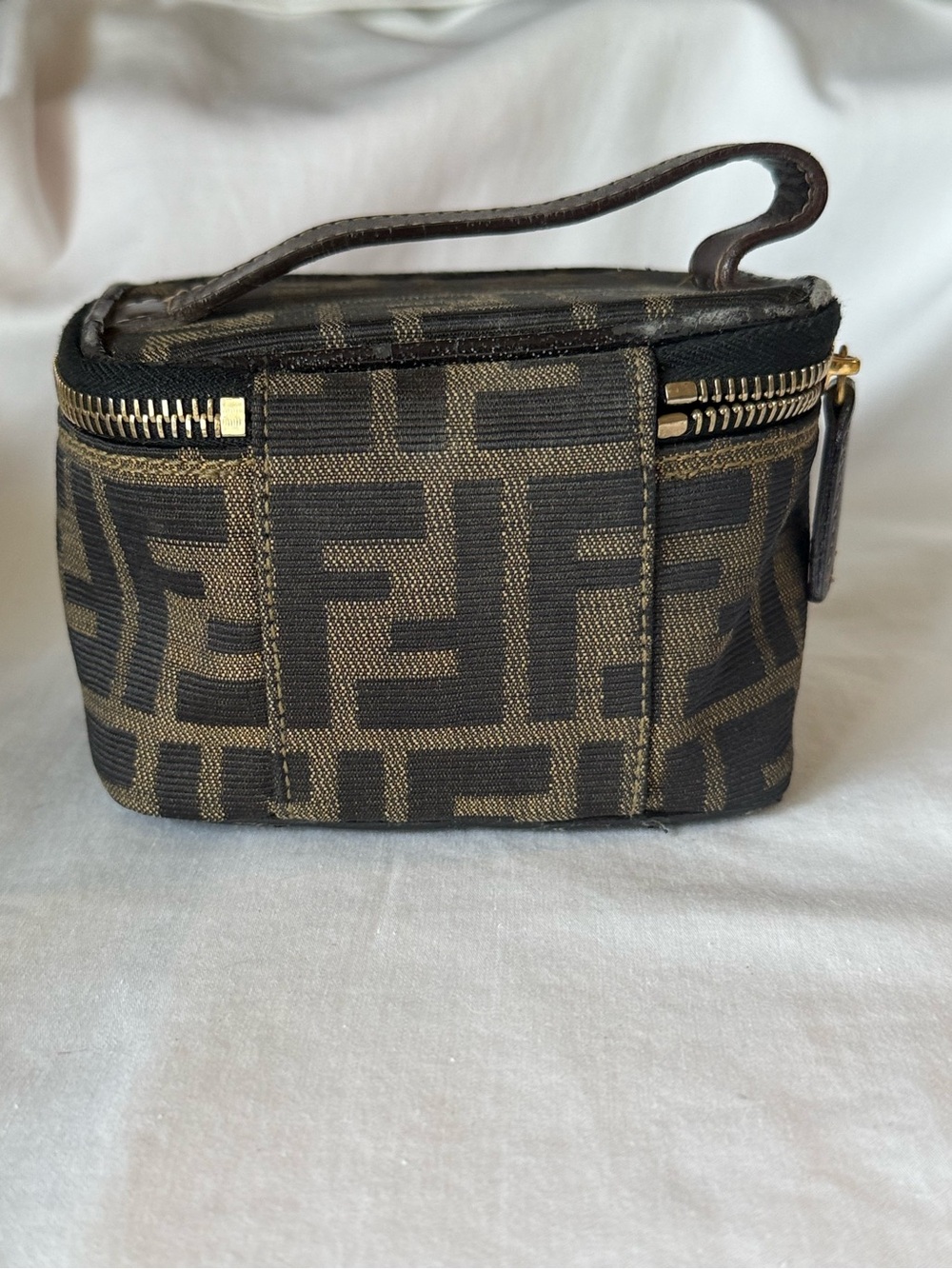 Fendi Zucca Train Case Vanity Pouch Brown Canvas Leather Mini - Picture 3 of 9